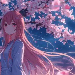 Manga Girl Standing Under Cherry Blossoms Night