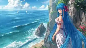 Manga Girl Watching Ocean from Cliff