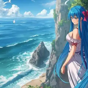 Manga Girl Watching Ocean from Cliff