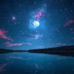 Moonlit Starry Sky Over Calm Lake Reflection