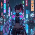 Neon Cyberpunk Samurai Girl with Katana in Rainy Tokyo Street
