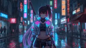 Neon Cyberpunk Samurai Girl with Katana in Rainy Tokyo Street