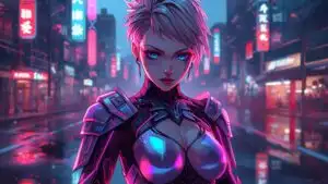 Neon Samurai Girl With Holographic Armor