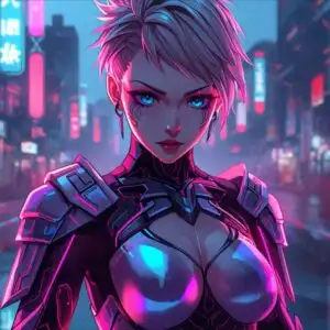Neon Samurai Girl With Holographic Armor