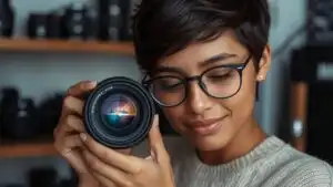 Photographer Holding Camera Lens Reflection
