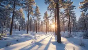 Pine Forest Snow Covered Ground Winter Sun Crisp