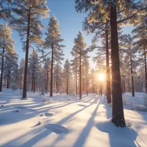 Pine Forest Snow Covered Ground Winter Sun Crisp