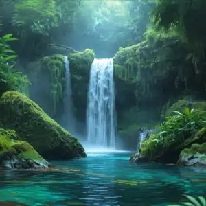 Rainforest Waterfall Moss Covered Rocks