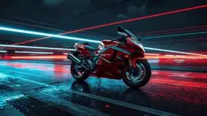 Red Sport Motorcycle in Neon Night City Motion Blur