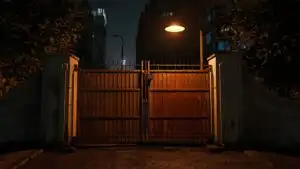 Rusty Gate Under Street Lamp