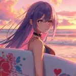 Sunset Beach Anime Girl Holding Surfboard