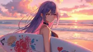 Sunset Beach Anime Girl Holding Surfboard