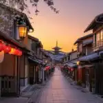 Sunset Over Traditional Kyoto Street with Lanterns