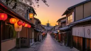 Sunset Over Traditional Kyoto Street with Lanterns