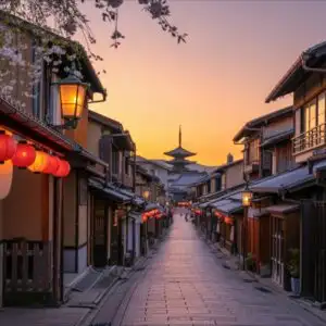 Sunset Over Traditional Kyoto Street with Lanterns