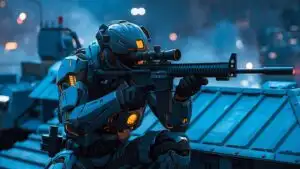 Tactical Mech Sniper Hidden on Blue Rooftops