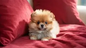 Tiny Pomeranian on a Red Pillow