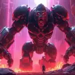 Titan Gorilla Mech Roaring in Neon Canyon