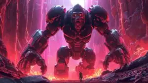 Titan Gorilla Mech Roaring in Neon Canyon