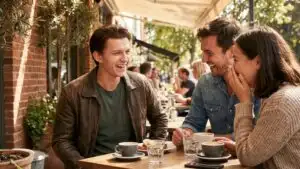 Tom Holland Laughing With Friends at a Café