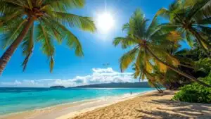 Tropical Beach Palm Trees Sunny Day