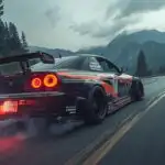 A Modified Drift Car Smoking Tires on a Mountain Road