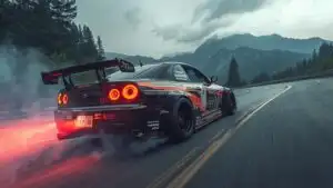 A Modified Drift Car Smoking Tires on a Mountain Road
