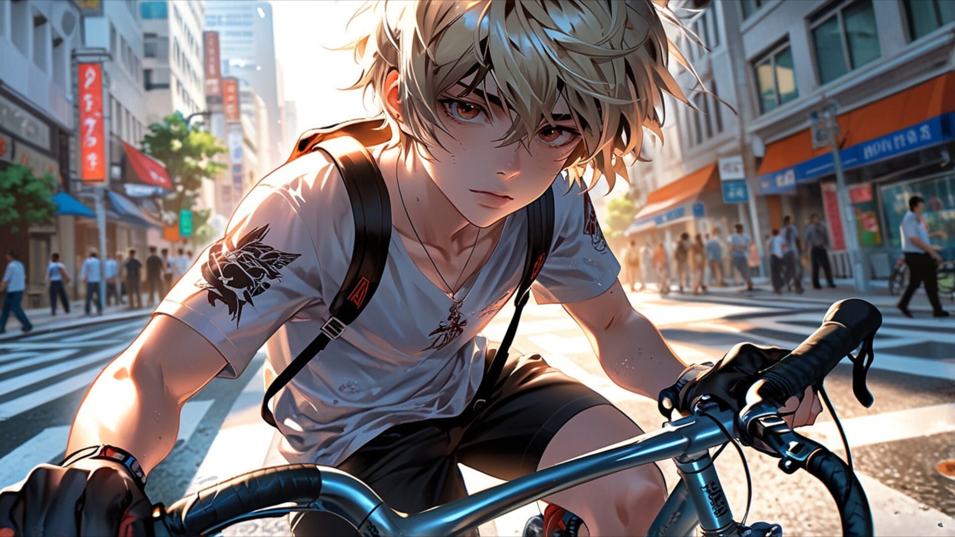 anime boy cycling through city morning wallpaper, manga, anime cycling city, manga morning commute, desktop, mobile, background