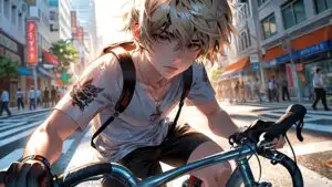 Anime Boy Cycling Through City Morning