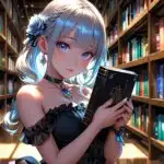Anime Girl Holding Book in Library Aisle
