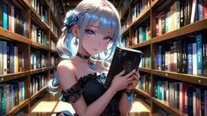 Anime Girl Holding Book in Library Aisle