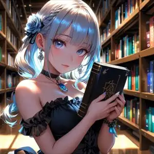Anime Girl Holding Book in Library Aisle