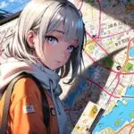 Anime Girl Looking at City Map Traveling
