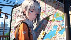 Anime Girl Looking at City Map Traveling