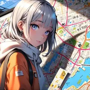 Anime Girl Looking at City Map Traveling
