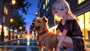 Anime Girl Walking Dog in Evening Light