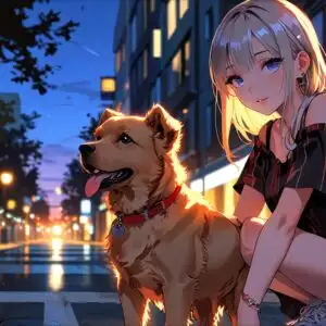 Anime Girl Walking Dog in Evening Light