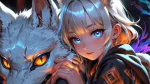 Anime Girl with Giant White Fox Spirit