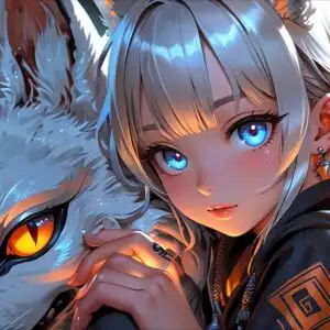 Anime Girl with Giant White Fox Spirit