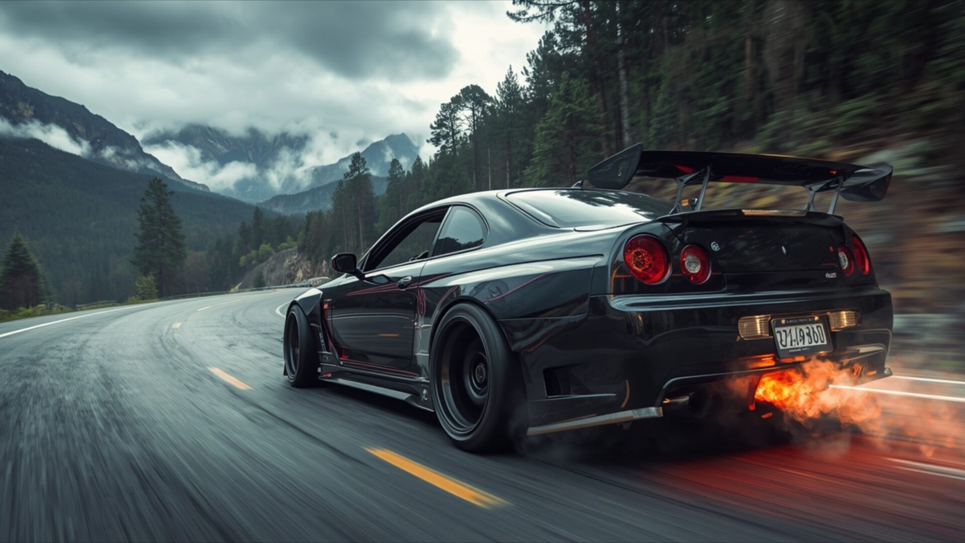 black jdm drift car on mountain road wallpaper, cars & vehicles, 4k car wallpaper, aggressive body kit, black jdm car, black sports car, cinematic car wallpaper, custom jdm car, dark car aesthetic, desktop, mobile, background