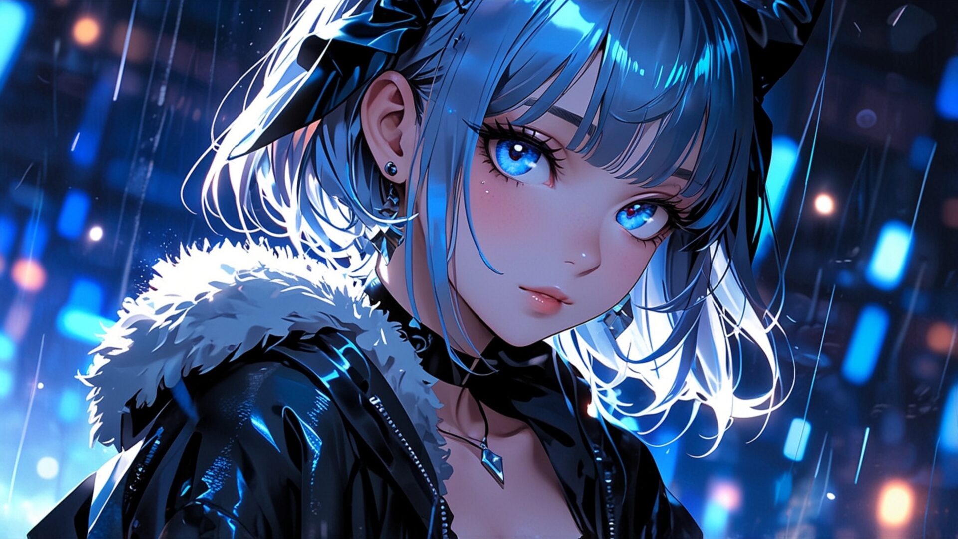 blue rain neon dreams wallpaper, anime & games fantasy, ambient electronic, anime aesthetic, anime art, anime girl, anime wallpaper, atmospheric music, blue eyes, desktop, mobile, background