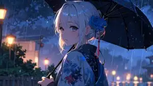 Blue Rose Rain Night Anime Girl