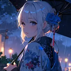 Blue Rose Rain Night Anime Girl