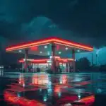 Cinematic Gas Station At Night Rain