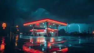 Cinematic Gas Station At Night Rain