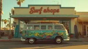 Classic Utility Van Parked Outside a Surf Shop