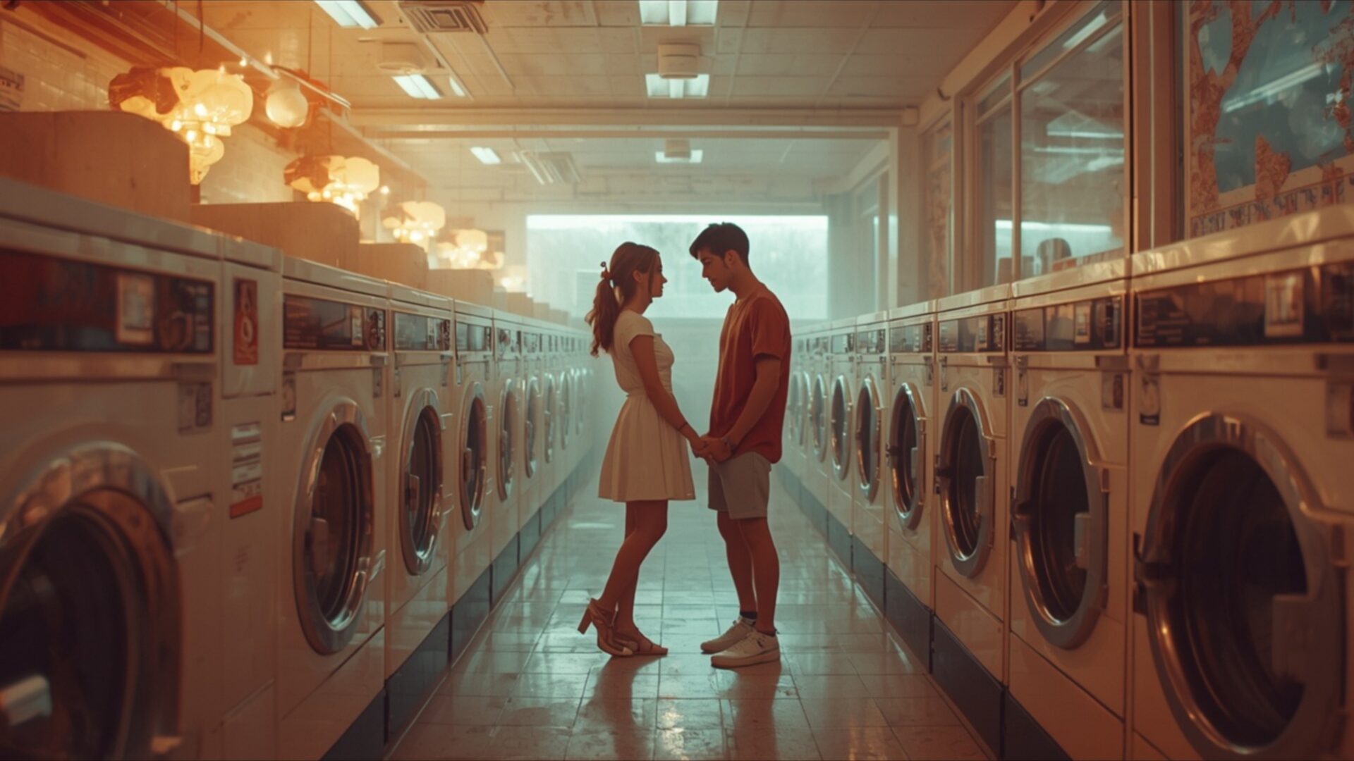 couple at retro laundromat wallpaper, love & couples, couple, laundromat, retro, romance, vintage, desktop, mobile, background