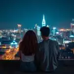 Couple Sitting Rooftop City Night Lights Perspective