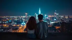 Couple Sitting Rooftop City Night Lights Perspective
