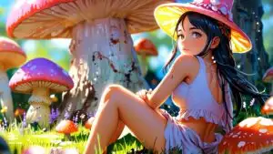 Cute Fairy Girl Sitting On Mushroom